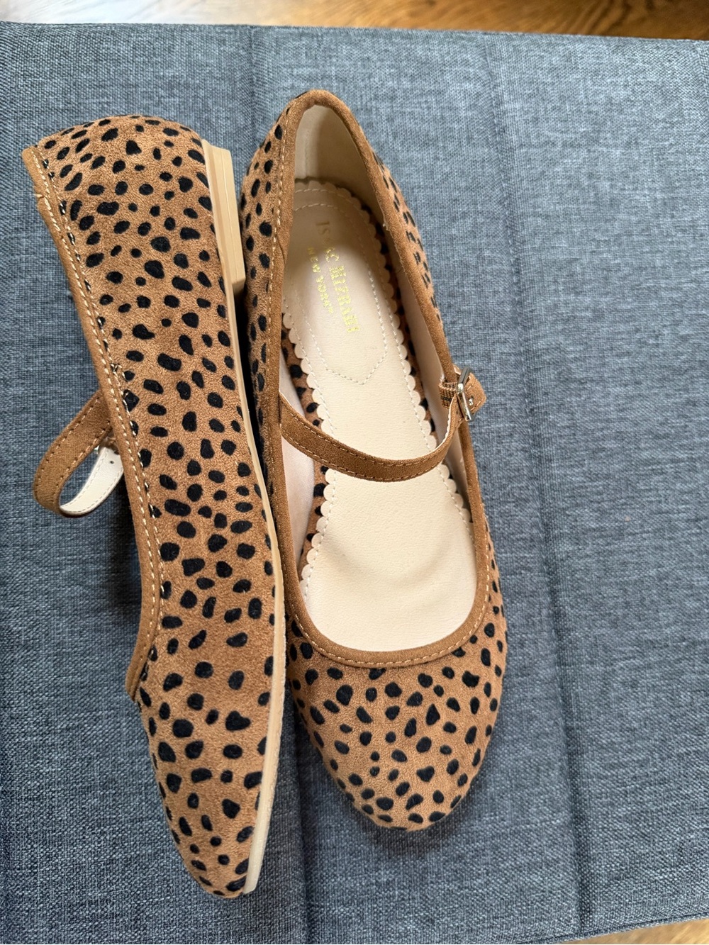 Isaac Mizrahi Leopard Print Mary Jane Flats in Tan and Black - Picture 2 of 6